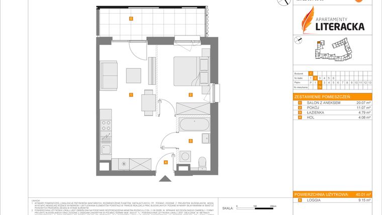 Rzut - Mieszkanie na sprzedaż 2 pokoje o powierzchni 40,01 m² - numer F.74 w Apartamenty Literacka etap 2.3