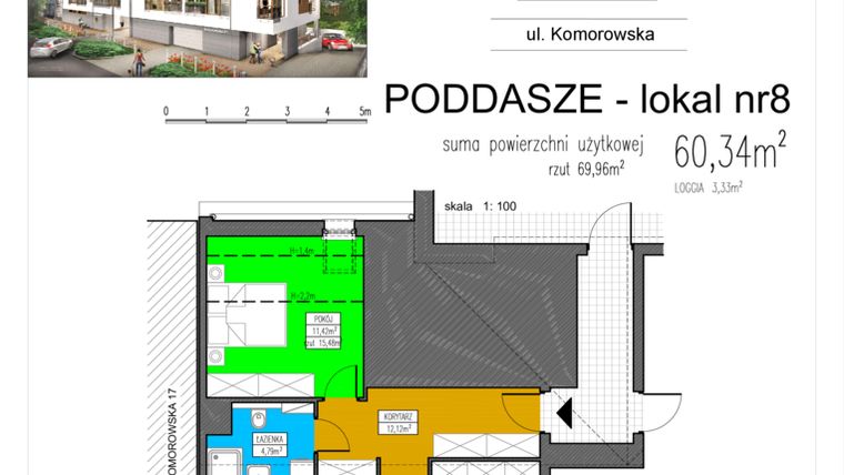 Rzut - Mieszkanie na sprzedaż 3 pokoje o powierzchni 60,34 m² - numer M-8 w Apartamenty Komorowska 19