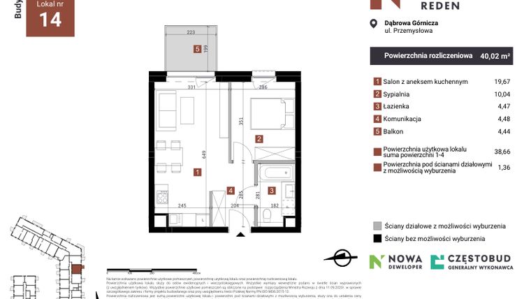 Rzut - Mieszkanie na sprzedaż 2 pokoje o powierzchni 40,02 m² - numer A14 w Nowy Reden