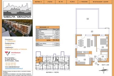 Rzut - Mieszkanie na sprzedaż 2 pokoje o powierzchni 54,3 m² - numer M9 w Weduta Krakowa etap II