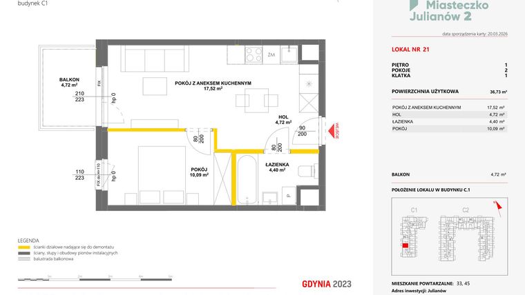 Rzut - Mieszkanie na sprzedaż 2 pokoje o powierzchni 36,73 m² - numer 21 w Miasteczko Julianów etap 2