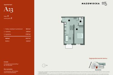 Rzut - Mieszkanie na sprzedaż 2 pokoje o powierzchni 51,27 m² - numer A23 w Mazowiecka 115