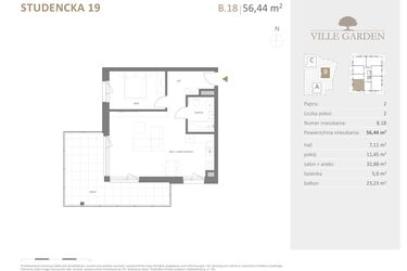 Rzut - Mieszkanie na sprzedaż 2 pokoje o powierzchni 56,44 m² - numer B.18 w Ville Garden