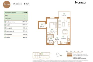 Rzut - Mieszkanie na sprzedaż 2 pokoje o powierzchni 42,5 m² - numer D16-1 w Fauna