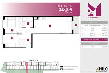 Rzut - Mieszkanie na sprzedaż 3 pokoje o powierzchni 54,25 m² - numer 2.B.0.4 w Maślice Wrocław Milo Dobry Deweloper etap III