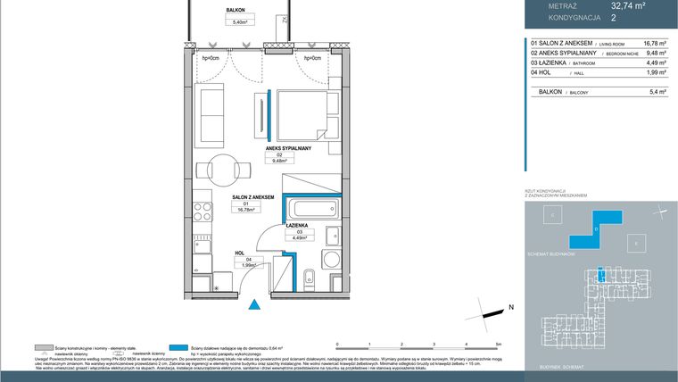 Rzut - Mieszkanie na sprzedaż 1 pokój o powierzchni 32,74 m² - numer D2.2.04 w Nordic Bemowo - etap IV