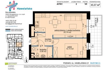 Rzut - Mieszkanie na sprzedaż 2 pokoje o powierzchni 45,1 m² - numer A/7/61 w Osiedle Hawelańska etap III - bud. A