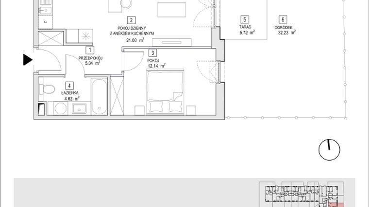 Rzut - Mieszkanie na sprzedaż 2 pokoje o powierzchni 42,8 m² - numer 6C-0-4 w Naramowice Odnova II