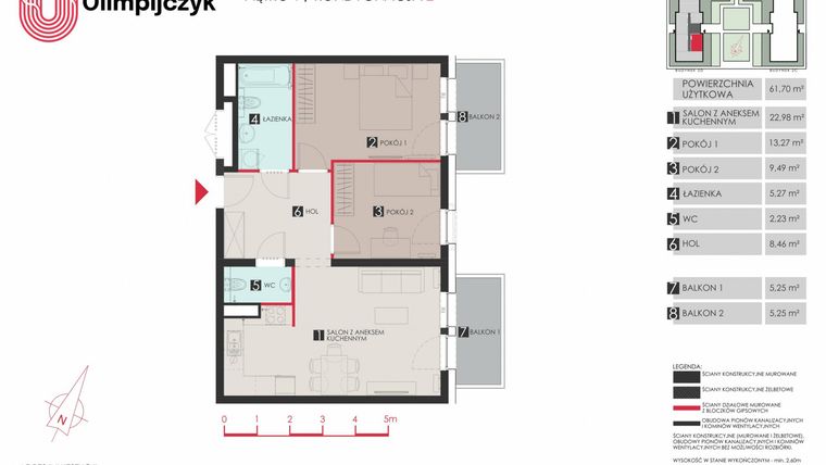 Rzut - Mieszkanie na sprzedaż 3 pokoje o powierzchni 61,82 m² - numer D37 w Osiedle Olimpijczyk II etap