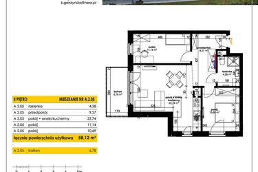 Rzut - Mieszkanie na sprzedaż 3 pokoje o powierzchni 58,12 m² - numer A 2.05 w Park Moniuszki II C