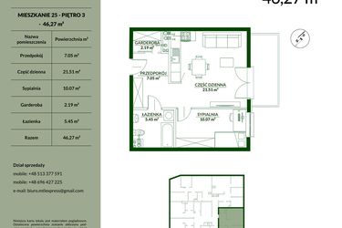 Rzut - Mieszkanie na sprzedaż 2 pokoje o powierzchni 46,27 m² - numer 25 w Bukowa etap II
