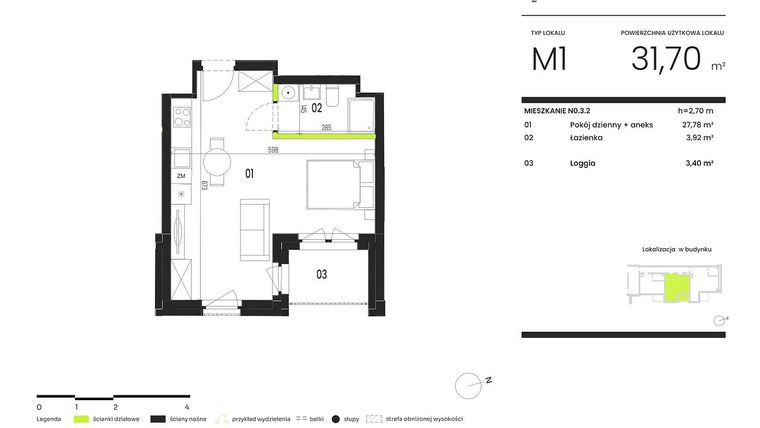 Rzut - Mieszkanie na sprzedaż 1 pokój o powierzchni 31,7 m² - numer NO.3.2 w Ogrody Staromiejskie
