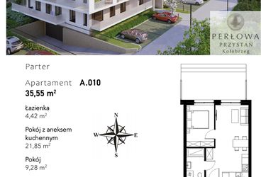 Rzut - Mieszkanie na sprzedaż 2 pokoje o powierzchni 35,55 m² - numer A.010 w Perłowa Przystań - Kołobrzeg - etap II