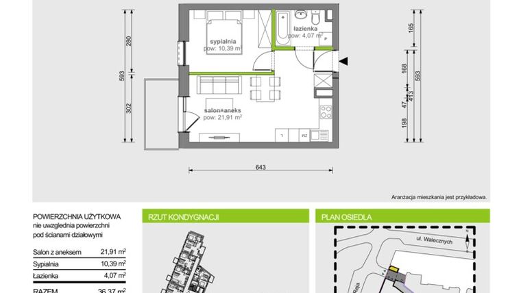 Rzut - Mieszkanie na sprzedaż 2 pokoje o powierzchni 36,37 m² - numer A/2/27 w Reja 55