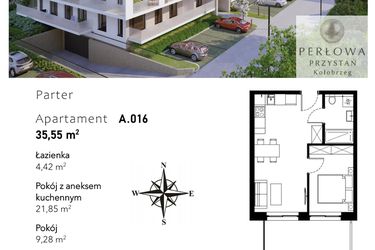 Rzut - Mieszkanie na sprzedaż 2 pokoje o powierzchni 35,55 m² - numer A.016 w Perłowa Przystań - Kołobrzeg - etap II