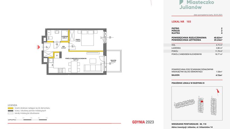Rzut - Mieszkanie na sprzedaż 2 pokoje o powierzchni 40,82 m² - numer 103 w Miasteczko Julianów
