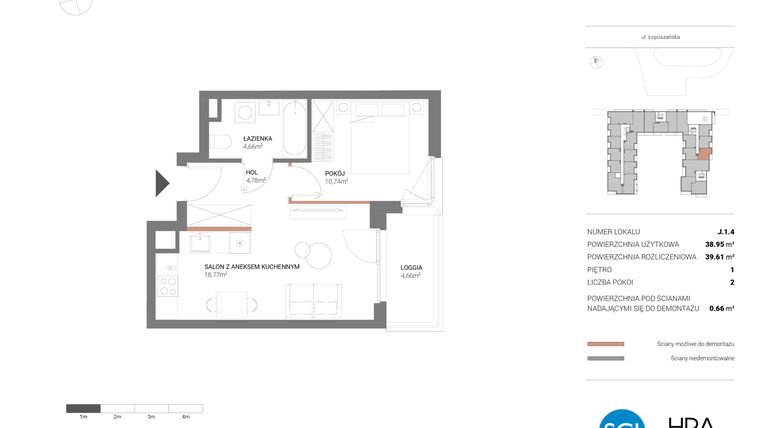 Rzut - Mieszkanie na sprzedaż 2 pokoje o powierzchni 39,61 m² - numer J.1.4 w Łopuszańska 47 - etap 3