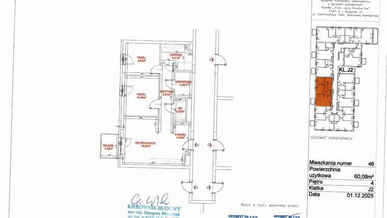 Rzut - Mieszkanie na sprzedaż 3 pokoje o powierzchni 60,08 m² - numer J2-46 w Park Leśny Rembertów etap VIII