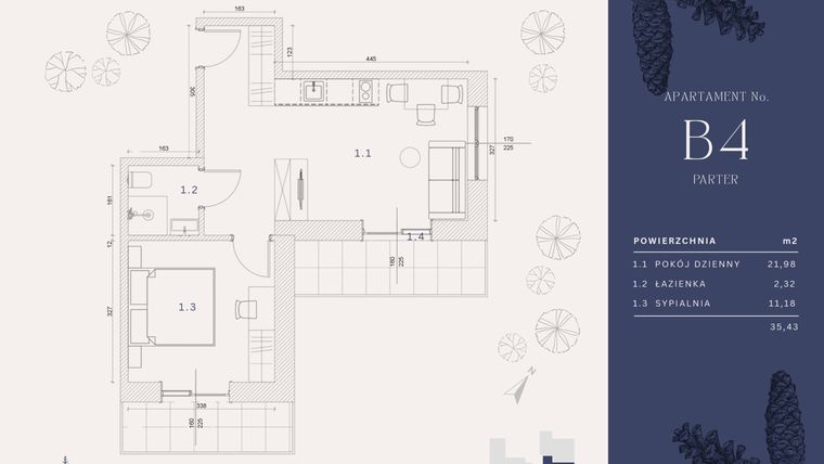 Rzut - Mieszkanie na sprzedaż 3 pokoje o powierzchni 35,43 m² - numer B4 w Rysulówka 70
