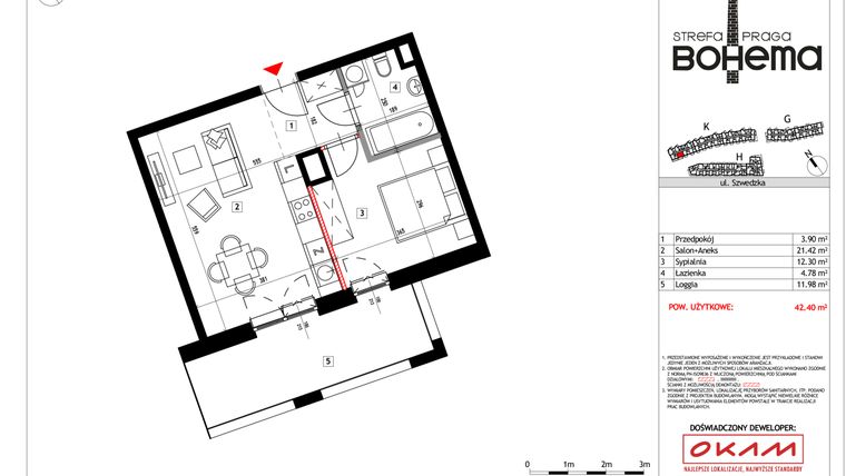Rzut - Mieszkanie na sprzedaż 2 pokoje o powierzchni 42,2 m² - numer K-A-06 w Bohema Praga