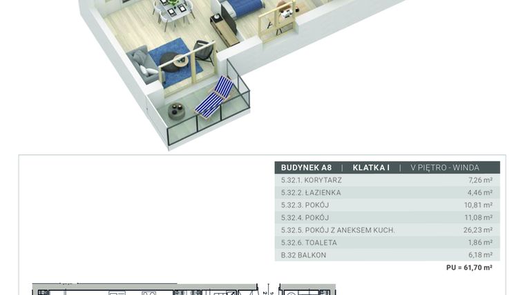 Rzut - Mieszkanie na sprzedaż 3 pokoje o powierzchni 61,55 m² - numer A.8.M32 w Sobola Biel A8