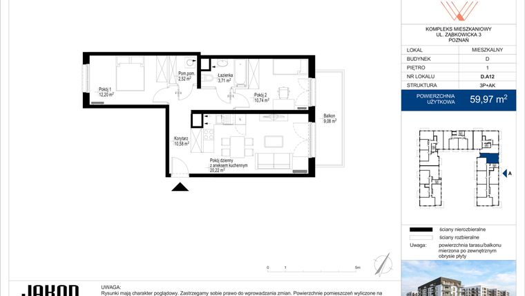 Rzut - Mieszkanie na sprzedaż 3 pokoje o powierzchni 59,97 m² - numer D.A12 w Wieruszowska D