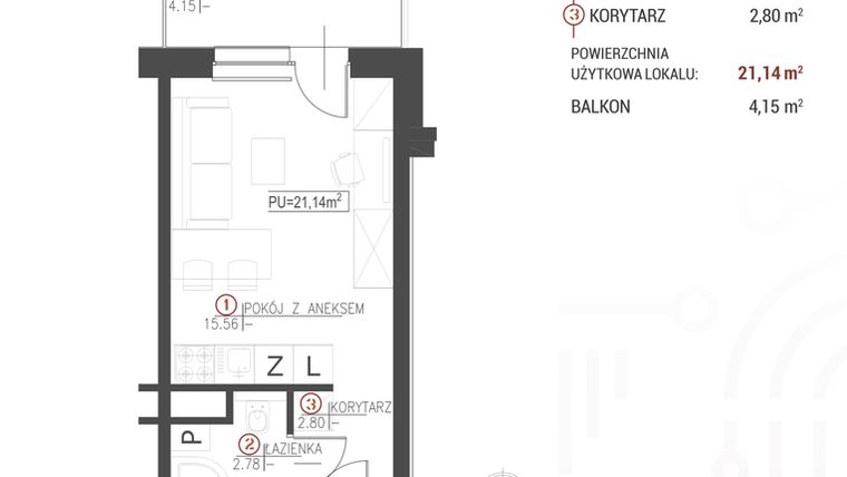 Rzut - Mieszkanie na sprzedaż 1 pokój o powierzchni 21,14 m² - numer 108 w Wróblewskiego 1