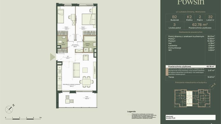 Rzut - Mieszkanie na sprzedaż 3 pokoje o powierzchni 62,78 m² - numer B2/32 w Onelife Powsin