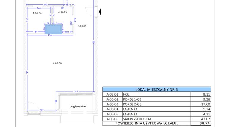 Rzut - Mieszkanie na sprzedaż 3 pokoje o powierzchni 88,74 m² - numer A.06 w Gaja Park