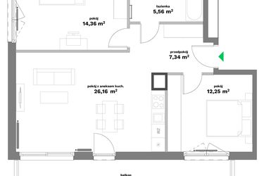Rzut - Mieszkanie na sprzedaż 3 pokoje o powierzchni 65,67 m² - numer B2-9 w Forma Otwarta etap II