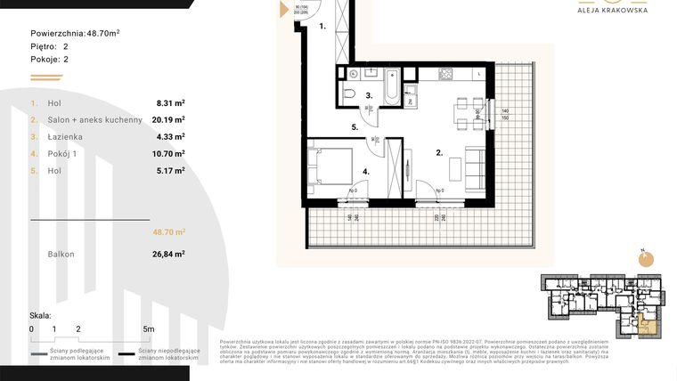 Rzut - Mieszkanie na sprzedaż 2 pokoje o powierzchni 48,7 m² - numer M17 w Aleja Krakowska 201