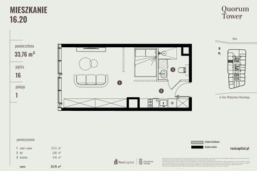Rzut - Mieszkanie na sprzedaż 1 pokój o powierzchni 34,04 m² - numer 16.20 w Quorum Tower
