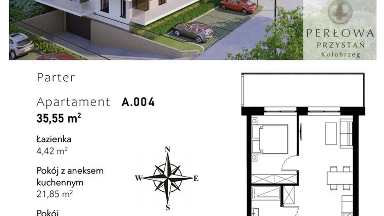 Rzut - Mieszkanie na sprzedaż 2 pokoje o powierzchni 35,55 m² - numer A.004 w Perłowa Przystań - Kołobrzeg - etap II