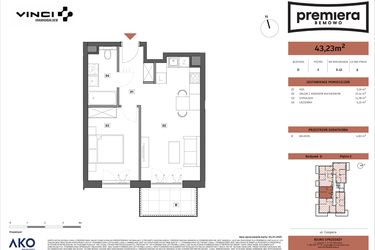 Rzut - Mieszkanie na sprzedaż 2 pokoje o powierzchni 43,23 m² - numer D.12 w Premiera Bemowo
