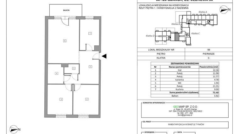 Rzut - Mieszkanie na sprzedaż 3 pokoje o powierzchni 73,4 m² - numer 56 w Wolne Miasto etap VII