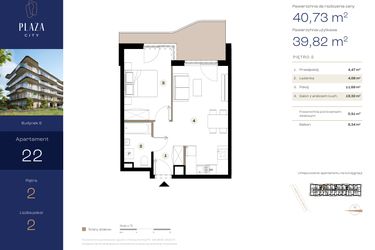 Rzut - Mieszkanie na sprzedaż 2 pokoje o powierzchni 40,73 m² - numer B6M22 w Plaza City