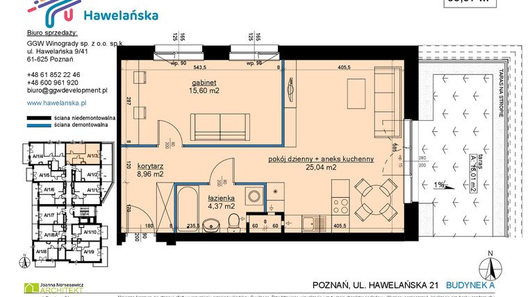 Rzut - Mieszkanie na sprzedaż 2 pokoje o powierzchni 54,06 m² - numer A/1/3 w Osiedle Hawelańska etap III - bud. A