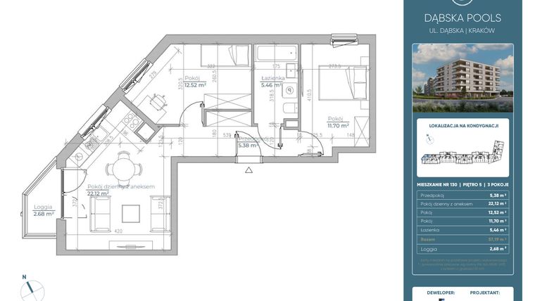 Rzut - Mieszkanie na sprzedaż 3 pokoje o powierzchni 57,18 m² - numer 130 w Dąbska Pools