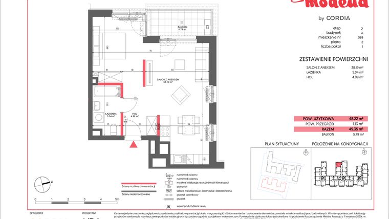 Rzut - Mieszkanie na sprzedaż 1 pokój o powierzchni 48,22 m² - numer A.089 w Modena II
