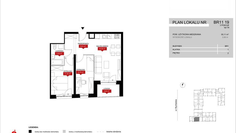 Rzut - Mieszkanie na sprzedaż 3 pokoje o powierzchni 55,08 m² - numer BR11/19 w Browary Wrocławskie 2