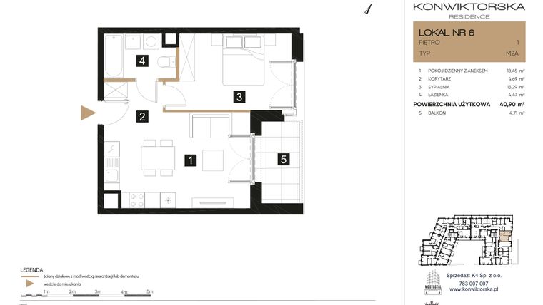 Rzut - Mieszkanie na sprzedaż 2 pokoje o powierzchni 40,9 m² - numer 06 w Konwiktorska Residence