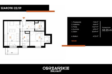 Rzut - Mieszkanie na sprzedaż 2 pokoje o powierzchni 53,25 m² - numer 22/59 w Odrzańskie Bulvary