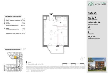 Rzut - Mieszkanie na sprzedaż 2 pokoje o powierzchni 34,85 m² - numer A/1/7 w Osiedle Mateckiego 4ALL