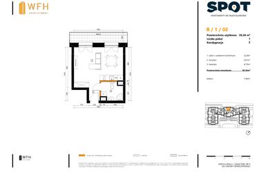 Rzut - Mieszkanie na sprzedaż 1 pokój o powierzchni 30,36 m² - numer B.1.02 w SPOT