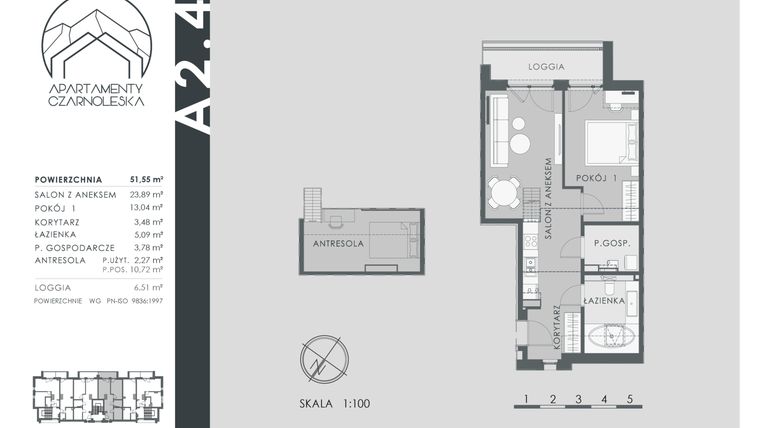 Rzut - Mieszkanie na sprzedaż 2 pokoje o powierzchni 51,55 m² - numer A2.4 w Apartamenty Czarnoleska