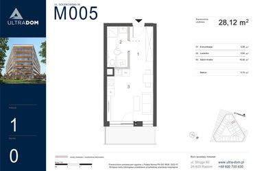 Rzut - Mieszkanie na sprzedaż 1 pokój o powierzchni 28,12 m² - numer M005 w Ultradom