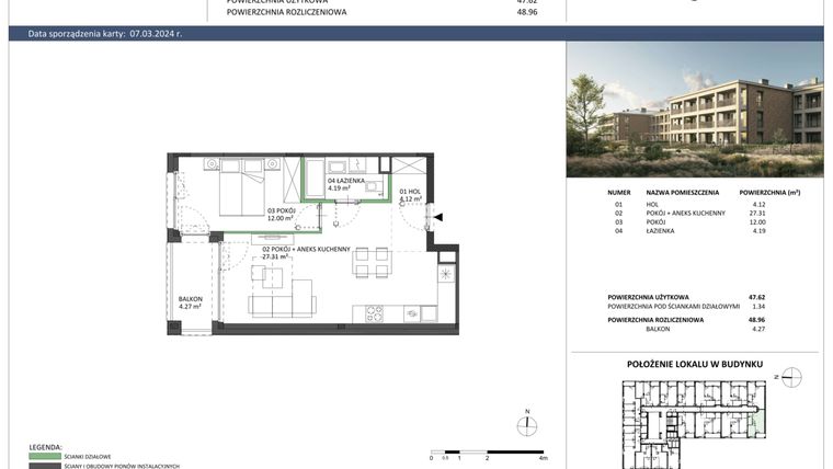 Rzut - Mieszkanie na sprzedaż 2 pokoje o powierzchni 47,62 m² - numer B-23 w Hillence etap 2