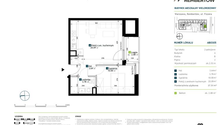 Rzut - Mieszkanie na sprzedaż 2 pokoje o powierzchni 37,51 m² - numer AB0305 w Stacja Rembertów