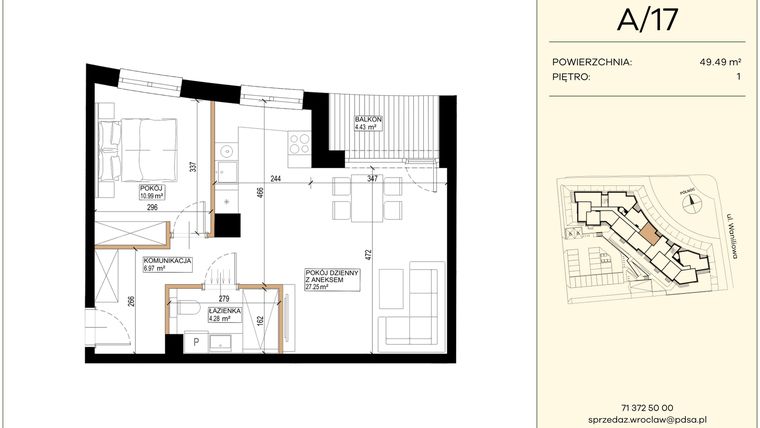Rzut - Mieszkanie na sprzedaż 2 pokoje o powierzchni 49,49 m² - numer WA2/A/17 w Waniliowa
