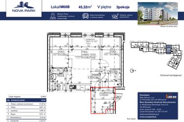Rzut - Mieszkanie na sprzedaż 3 pokoje o powierzchni 45,93 m² - numer 68B w Nova Park etap II